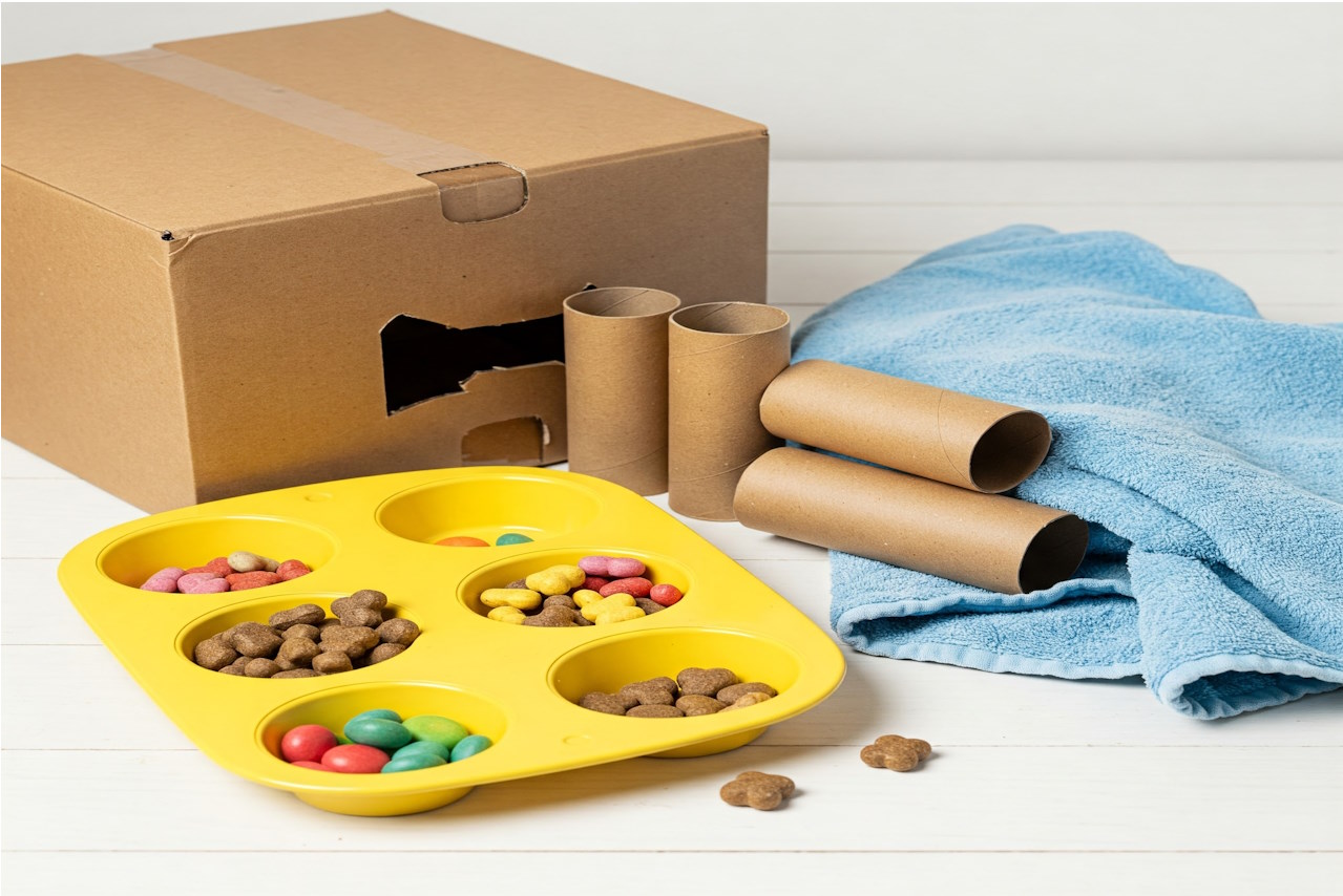 Placeholder: Collection of safe household items for DIY dog games - muffin tin, toilet paper tubes, old towel, cardboard box.