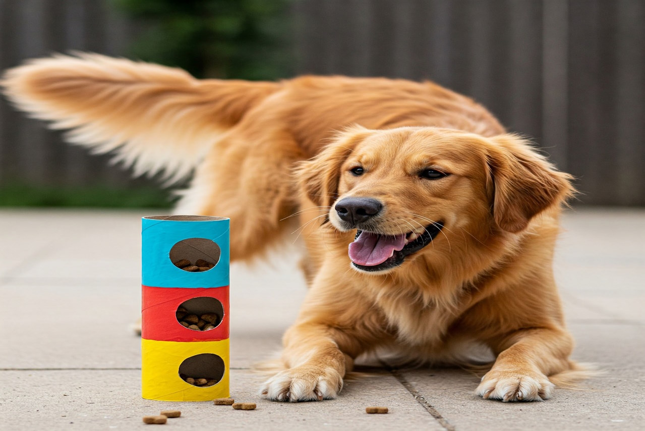 Placeholder: Dog happily engaged with a DIY toilet paper tube treat dispenser.