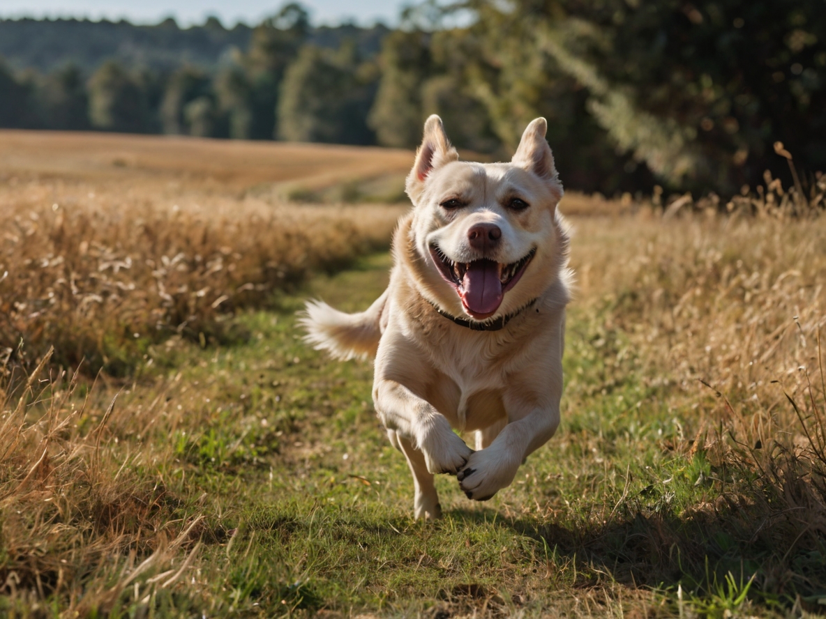 Placeholder: Dog running happily towards owner in an open field, suggesting successful off-leash recall.