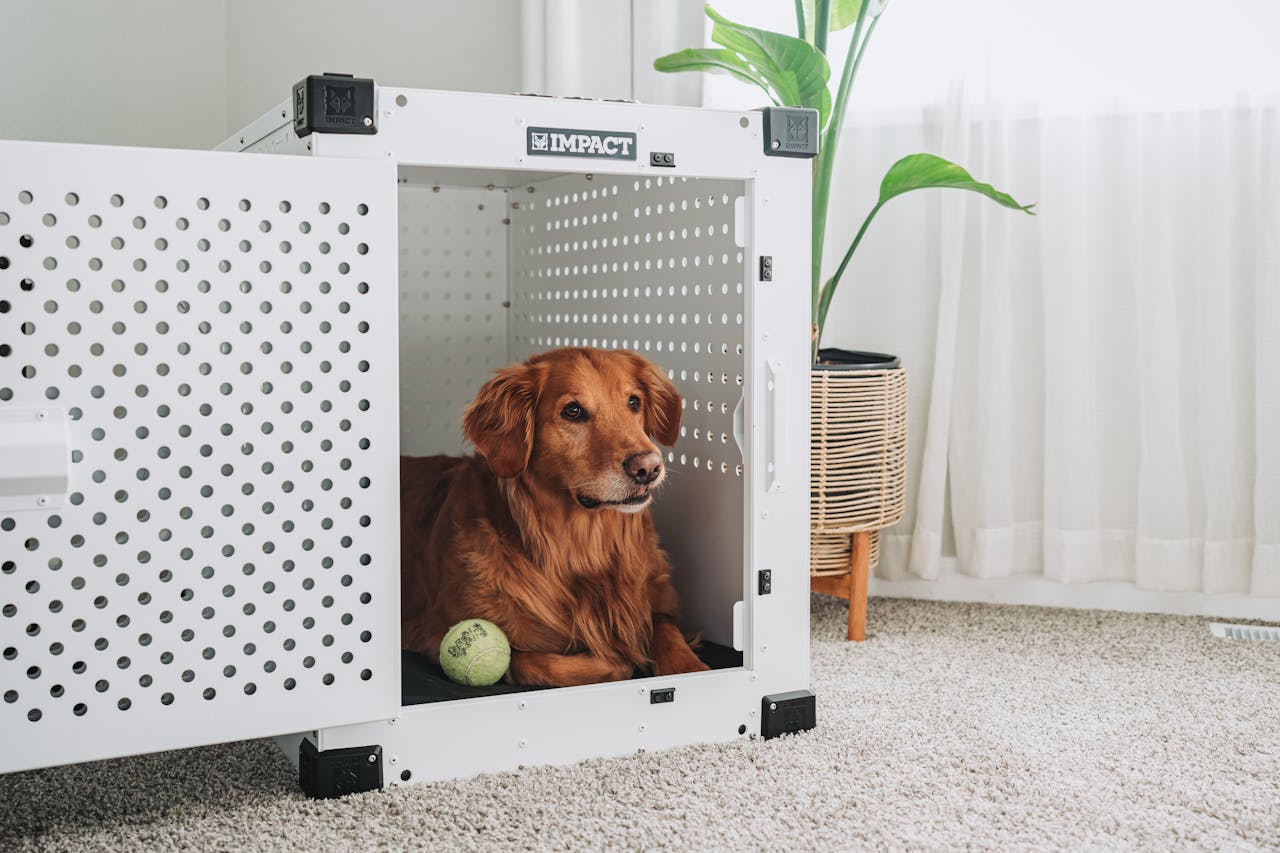 Placeholder: Dog resting calmly inside an open travel crate, looking relaxed.